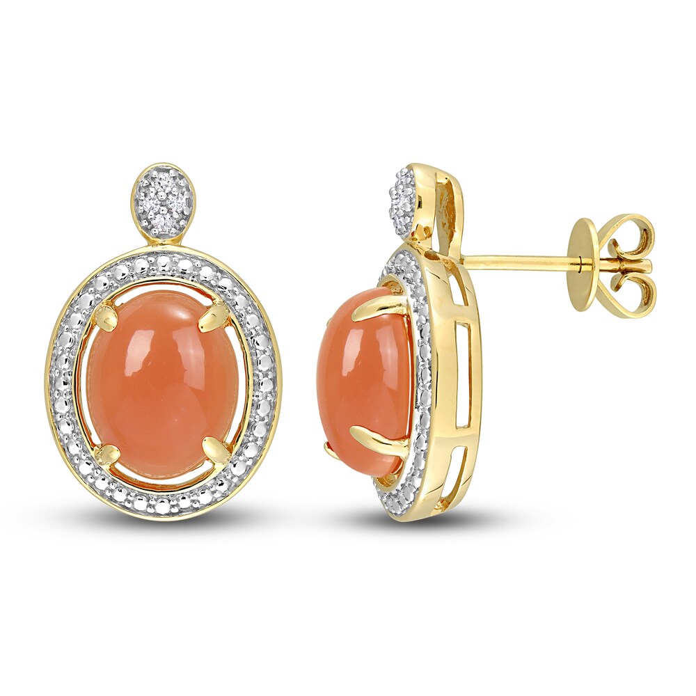 Natural Orange Moonstone Stud Earrings 1/20 ct tw Diamonds 14K Yellow Gold xc9bZgu2