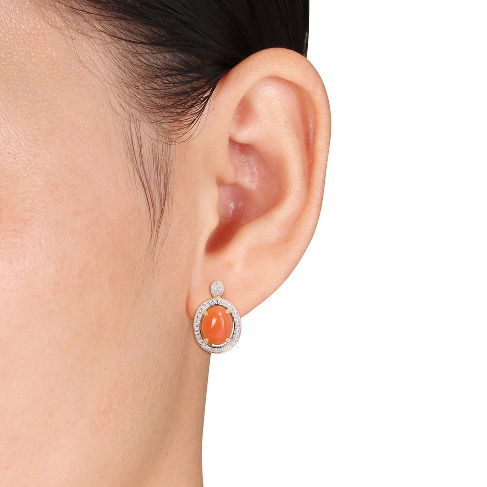 Natural Orange Moonstone Stud Earrings 1/20 ct tw Diamonds 14K Yellow Gold xc9bZgu2