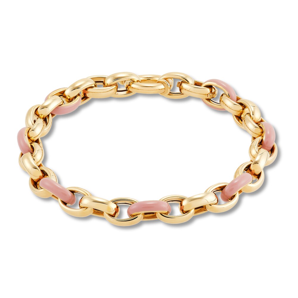 Italia D\'Oro Oval Link Bracelet Pink Enamel 14K Yellow Gold 7.5\" xoPzCklm