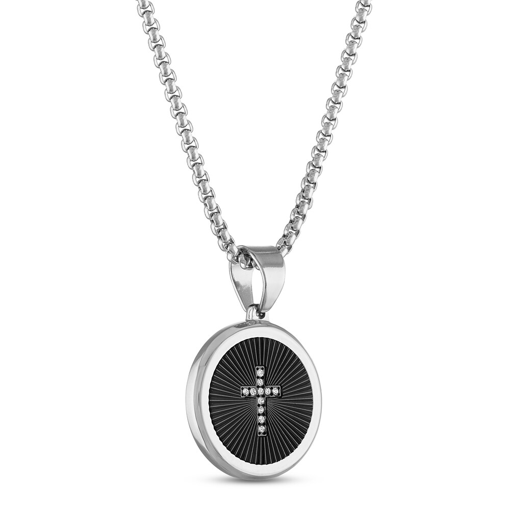 Diamond Cross Disk Necklace 1/10 ct tw Round Ion-Plated Stainless Steel 22" 0LS2WYHv