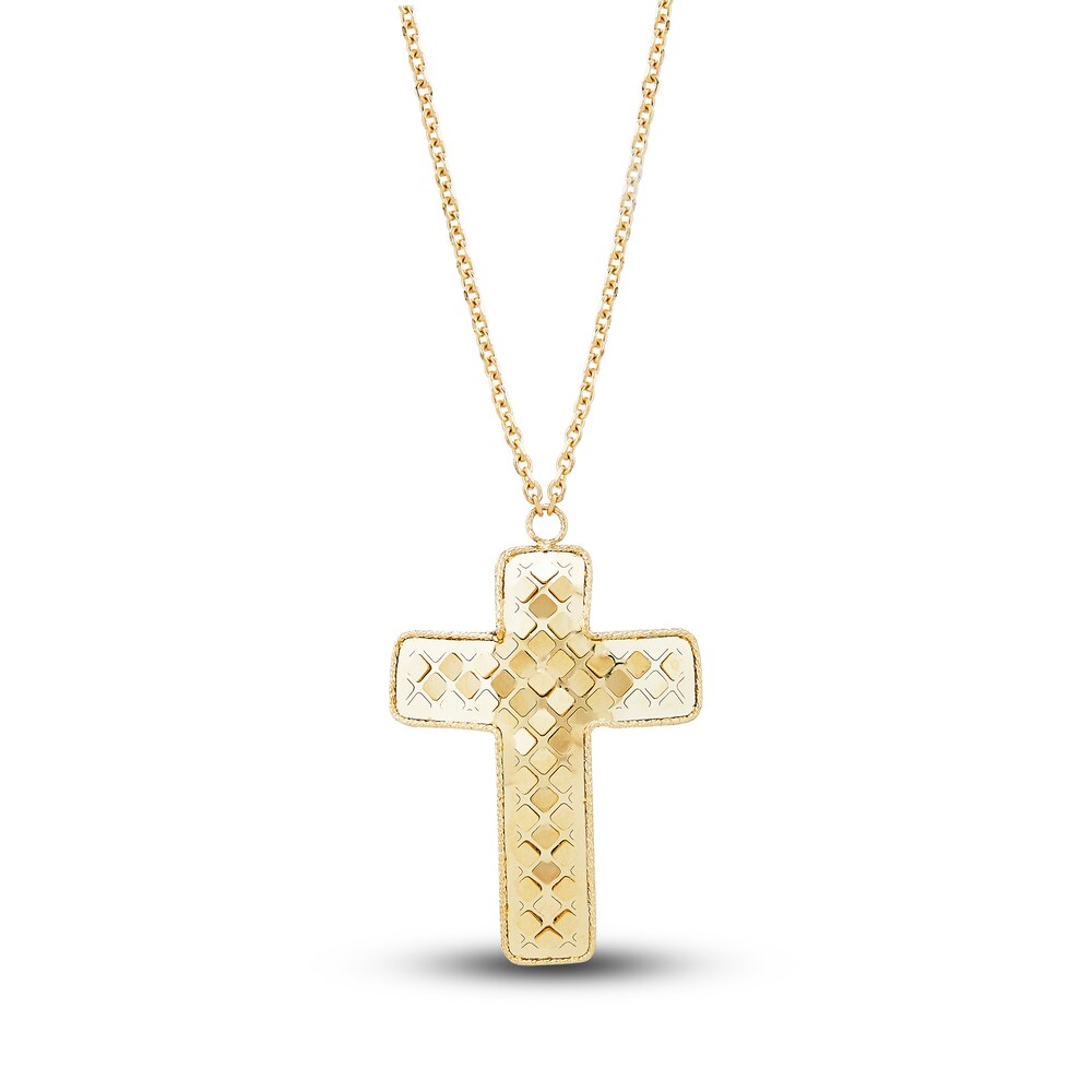 Italia D'Oro Curved Double Cross Pendant Necklace 14K Yellow Gold 17.5" 1HiwXhLY