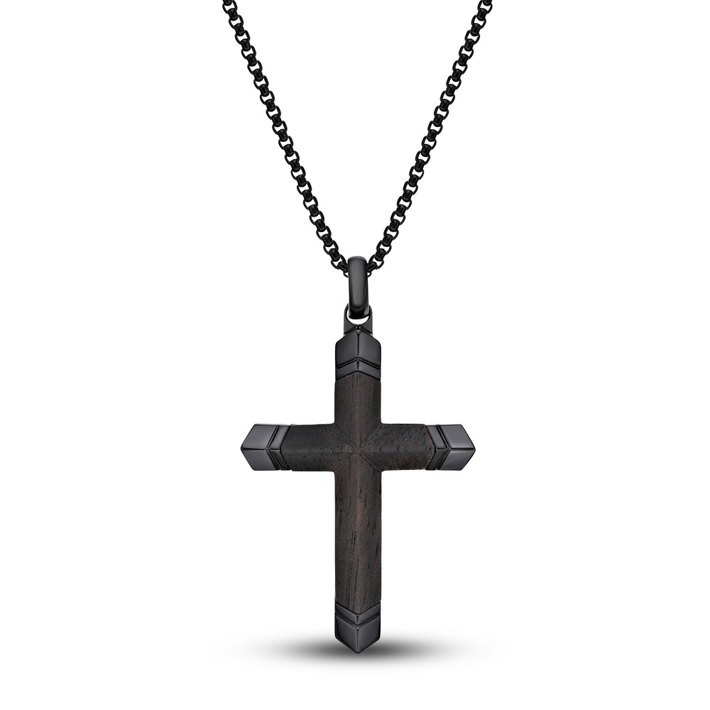 Men's Black Wooden Cross Pendant Necklace Stainless Steel 24" 1XNuo8ME