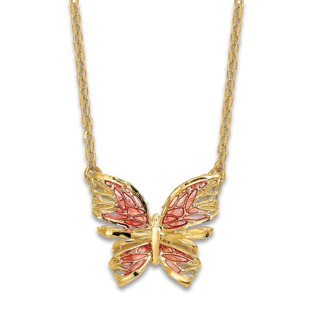 Butterfly Necklace Pink Enamel 14K Yellow Gold 2rVeNXnm