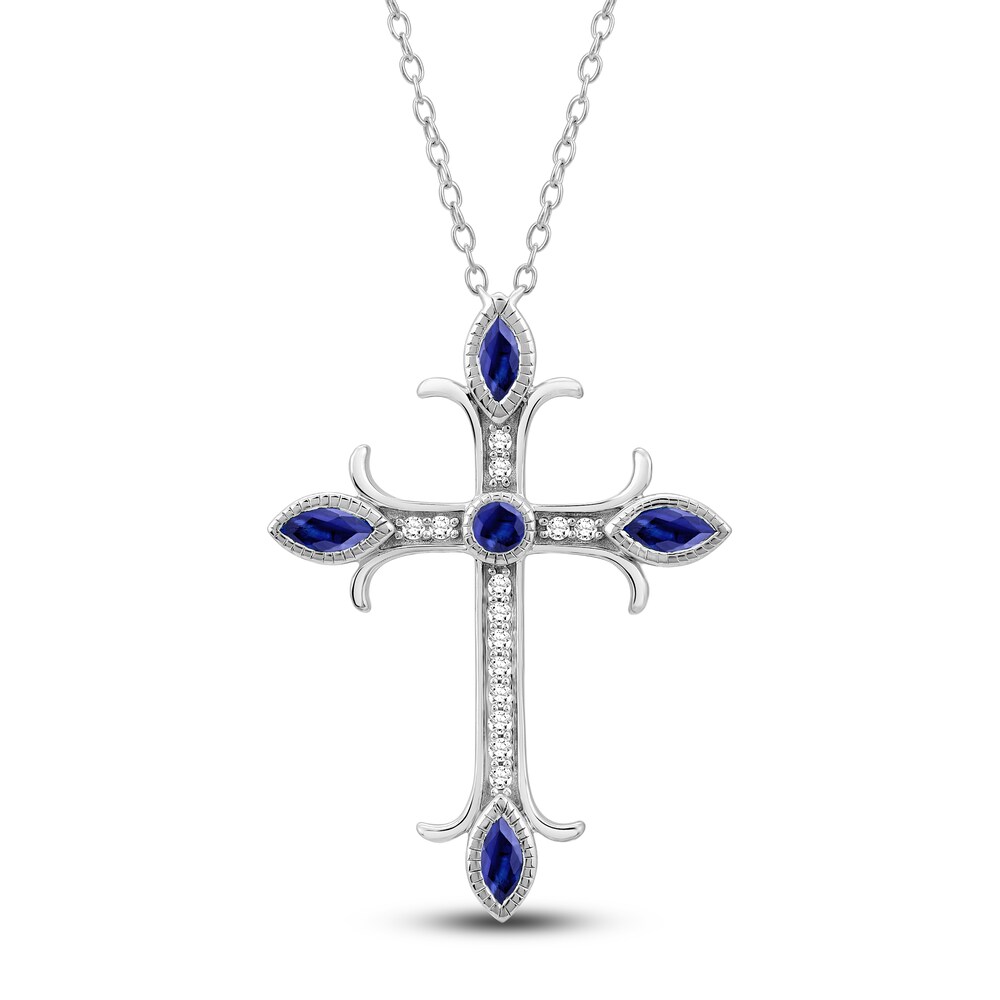 Natural Blue Sapphire Cross Pendant Necklace 1/10 ct tw Diamonds 14K White Gold 3L4pVomz [3L4pVomz]