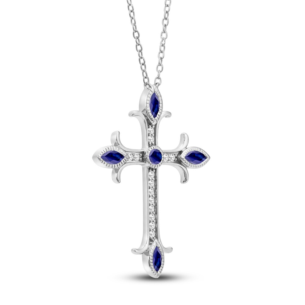 Natural Blue Sapphire Cross Pendant Necklace 1/10 ct tw Diamonds 14K White Gold 3L4pVomz