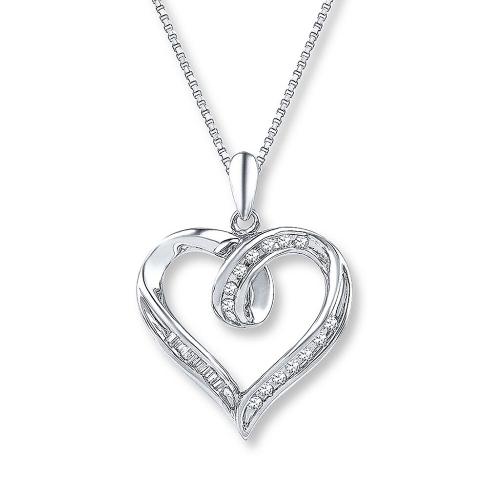 Diamond Heart Necklace 1/8 ct tw Baguette/Round Sterling Silver 3nwDfEAI