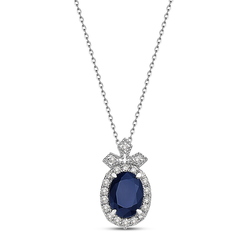 Natural Blue Sapphire Necklace 1/4 ct tw Diamonds Round 10K White Gold 4MA3RGGk