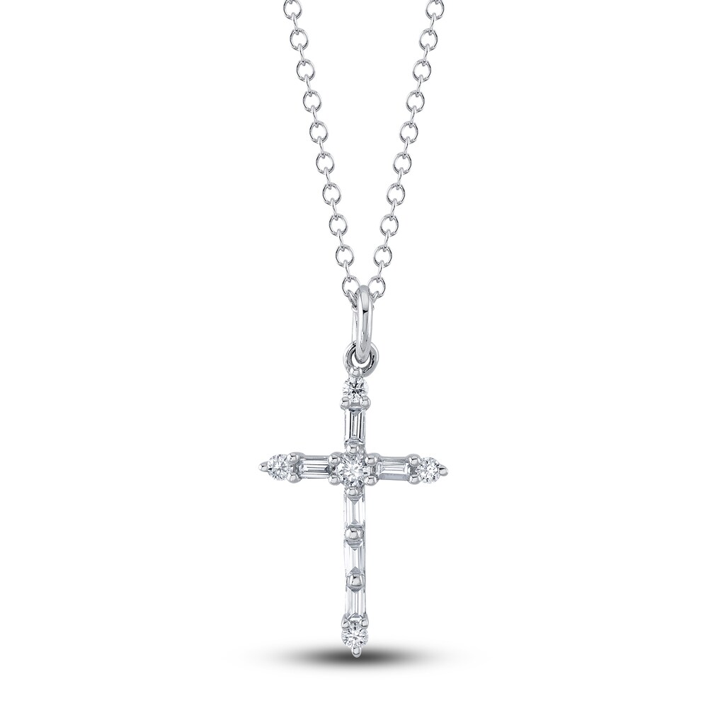 Shy Creation Diamond Cross Necklace 1/8 ct tw Round/Baguette 14K White Gold 18" SC55024396 5gEZeZQW