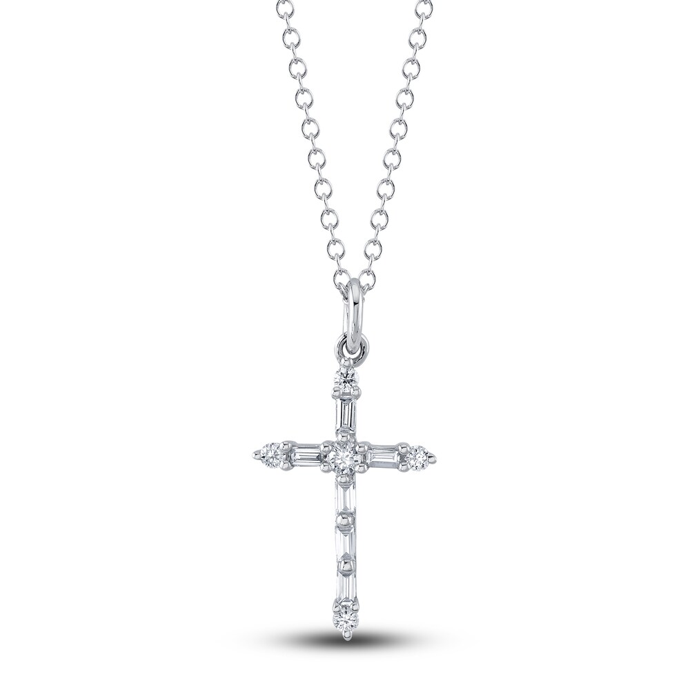 Shy Creation Diamond Cross Necklace 1/8 ct tw Round/Baguette 14K White Gold 18\" SC55024396 5gEZeZQW