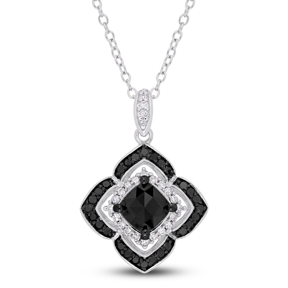 Black & White Diamond Halo Necklace 1-1/3 ct tw Round Sterling Silver 18" 6R8Px5yJ