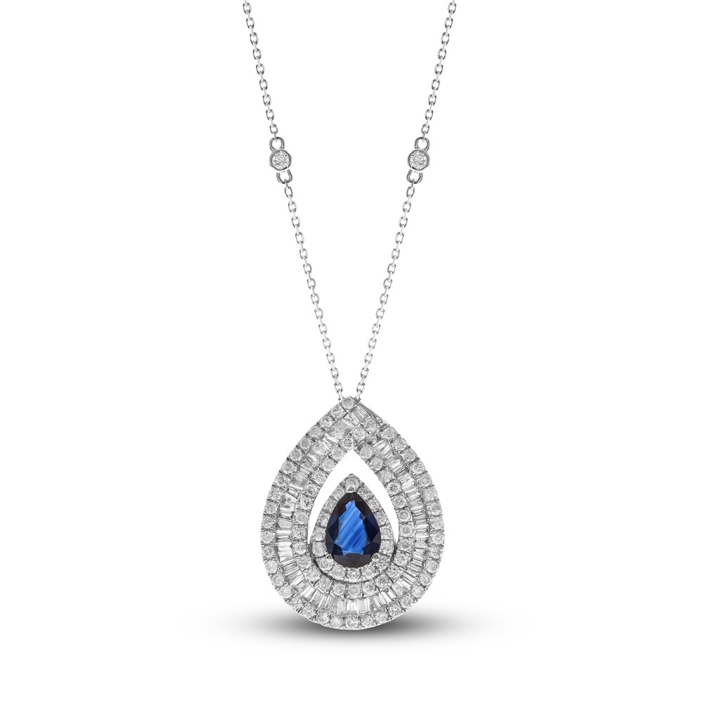 Natural Blue Sapphire Necklace 1-1/6 ct tw Diamonds 14K White Gold 8OmahNyt