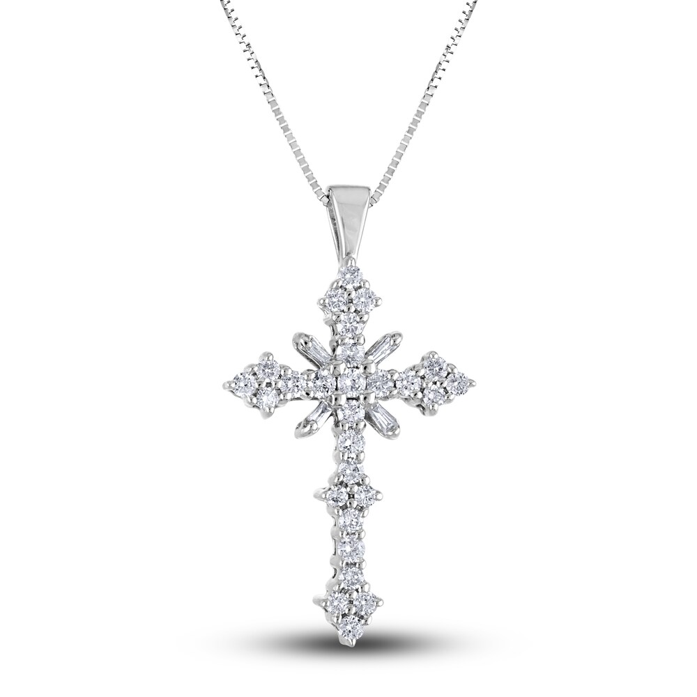 Diamond Cross Pendant Necklace 1-1/2 ct tw Round/Baguette 14K White Gold 18" 8is4rtCb