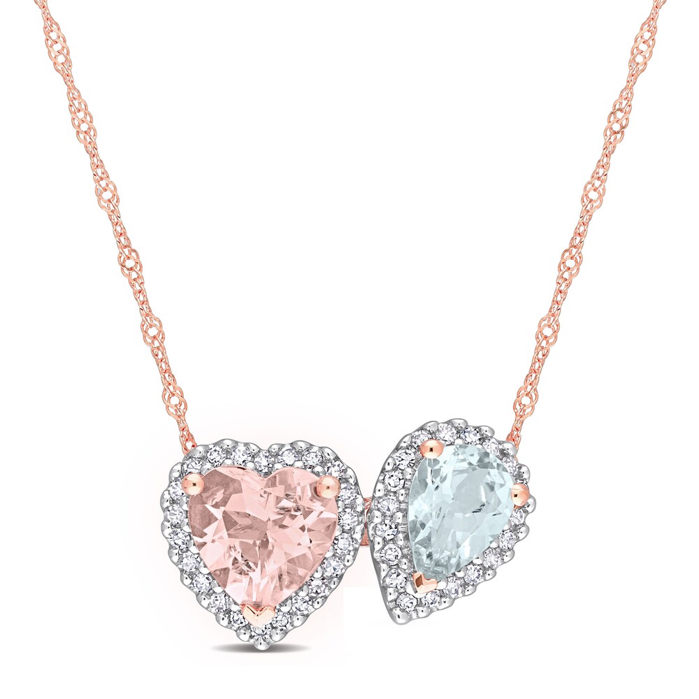 Natural Aquamarine & Natural Morganite Heart Necklace 1/5 ct tw Diamonds 14K Rose Gold 17\" B1Xcld0v [B1Xcld0v]