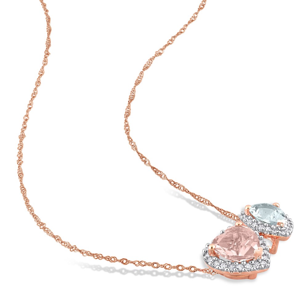 Natural Aquamarine & Natural Morganite Heart Necklace 1/5 ct tw Diamonds 14K Rose Gold 17\" B1Xcld0v