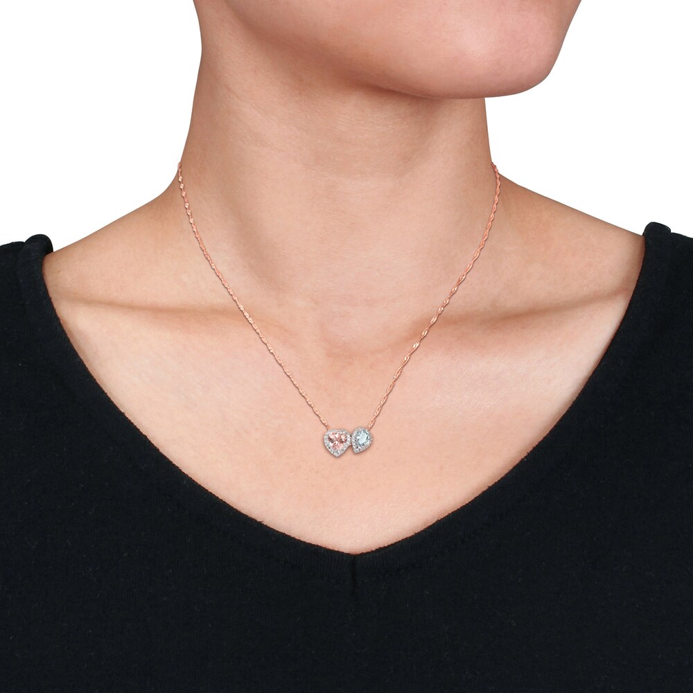 Natural Aquamarine & Natural Morganite Heart Necklace 1/5 ct tw Diamonds 14K Rose Gold 17\" B1Xcld0v