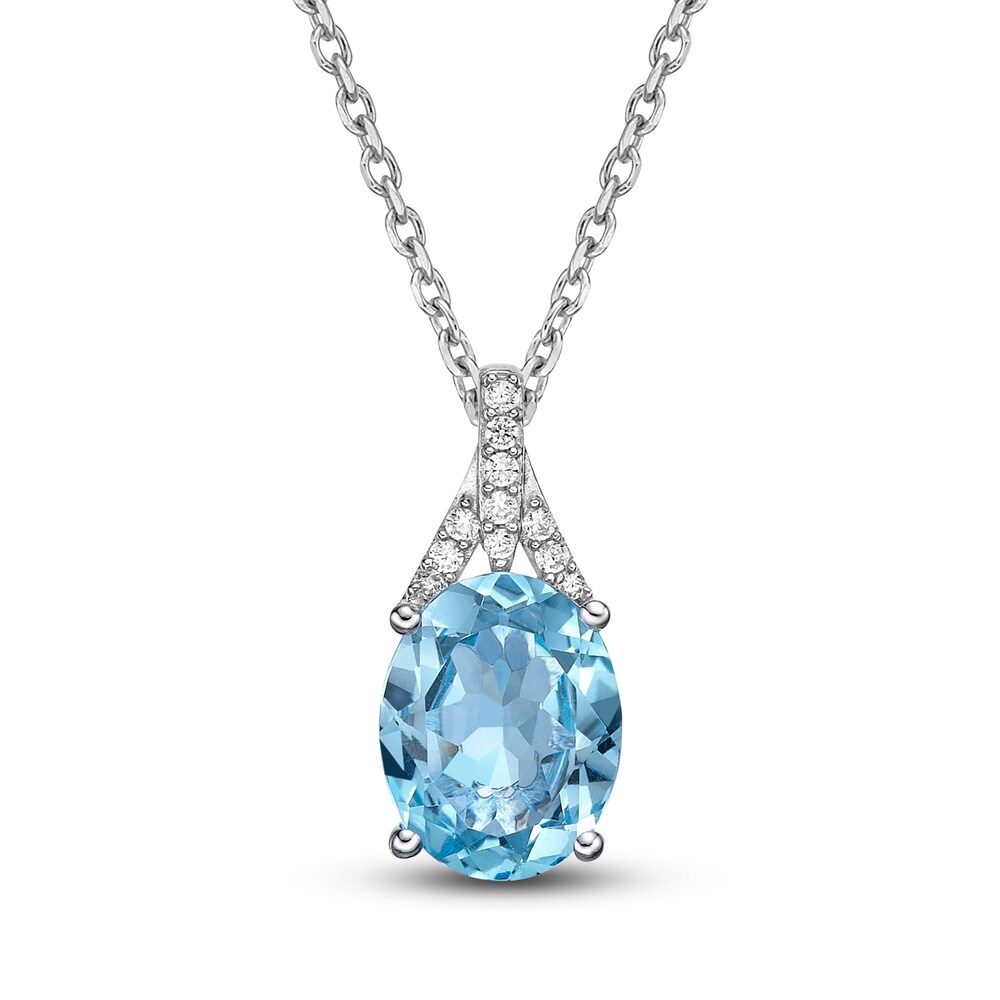 Natural Swiss Blue Topaz Pendant Necklace 1/8 ct tw Diamonds 10K White Gold 18\" DDMmWE9i