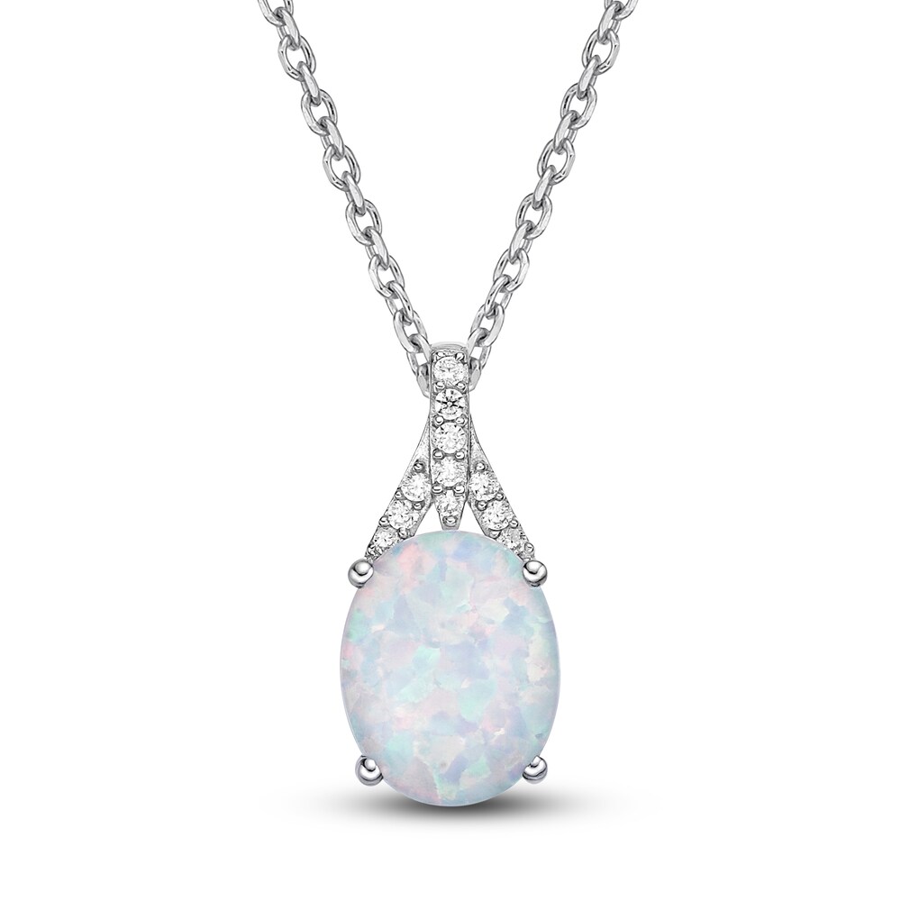 Lab-Created Opal Pendant Necklace 1/8 ct tw Diamonds 10K White Gold 18\" ESNemIXL