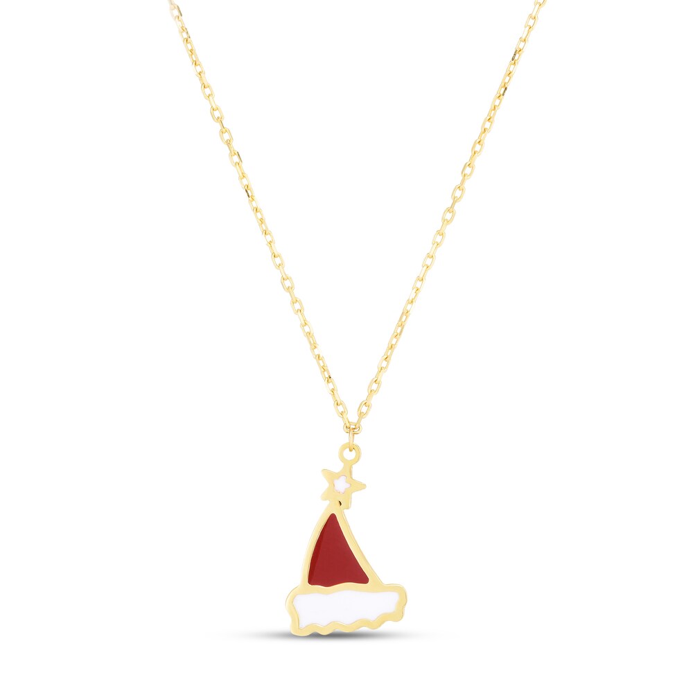 Santa Hat Pendant Necklace Red/White Enamel 14K Yellow Gold GIrPDlTE