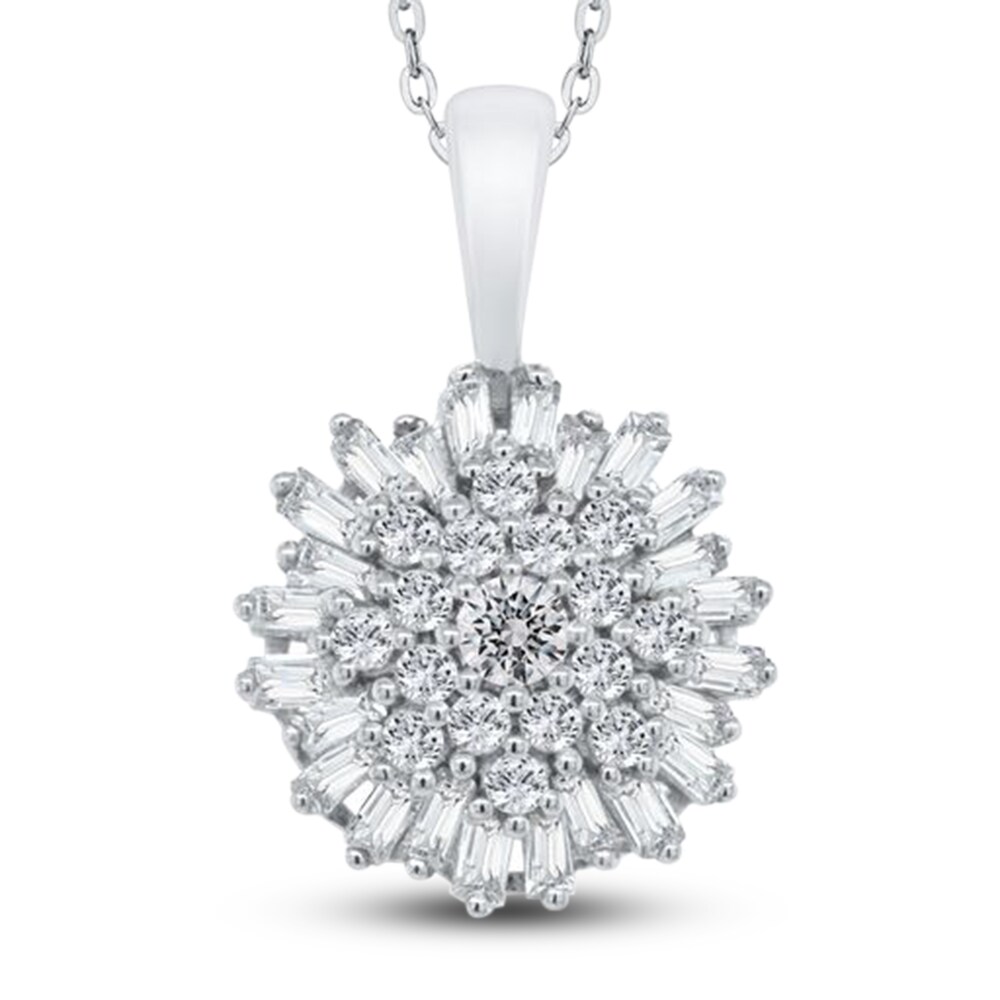 Diamond Floral Pendant Necklace 3/8 ct tw Round/Baguette 10K White Gold HX44XmrO
