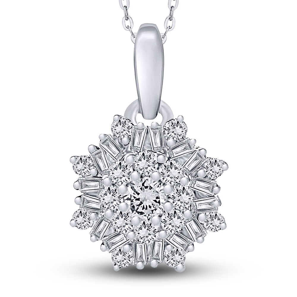 Diamond Pendant Necklace 3/8 ct tw Round/Baguette 14K White Gold 18\" I0ENMND7