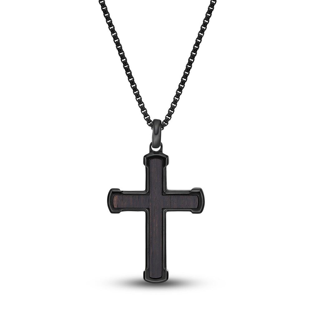 Men\'s Black Wood Cross Necklace Black Ion-Plated Stainless Steel 24\" IlSd15PH