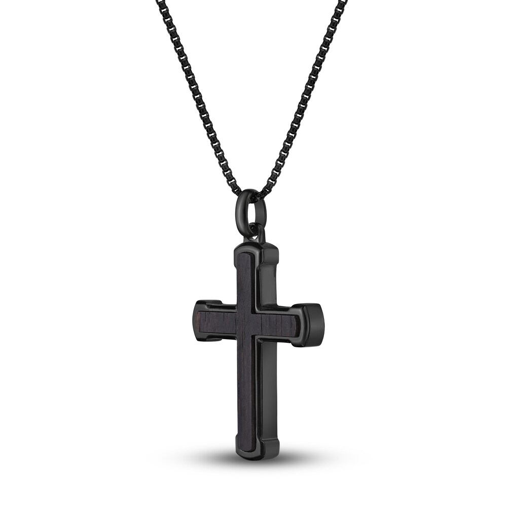 Men\'s Black Wood Cross Necklace Black Ion-Plated Stainless Steel 24\" IlSd15PH