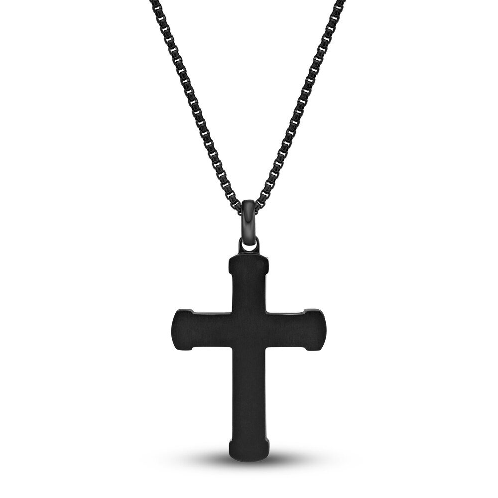 Men\'s Black Wood Cross Necklace Black Ion-Plated Stainless Steel 24\" IlSd15PH