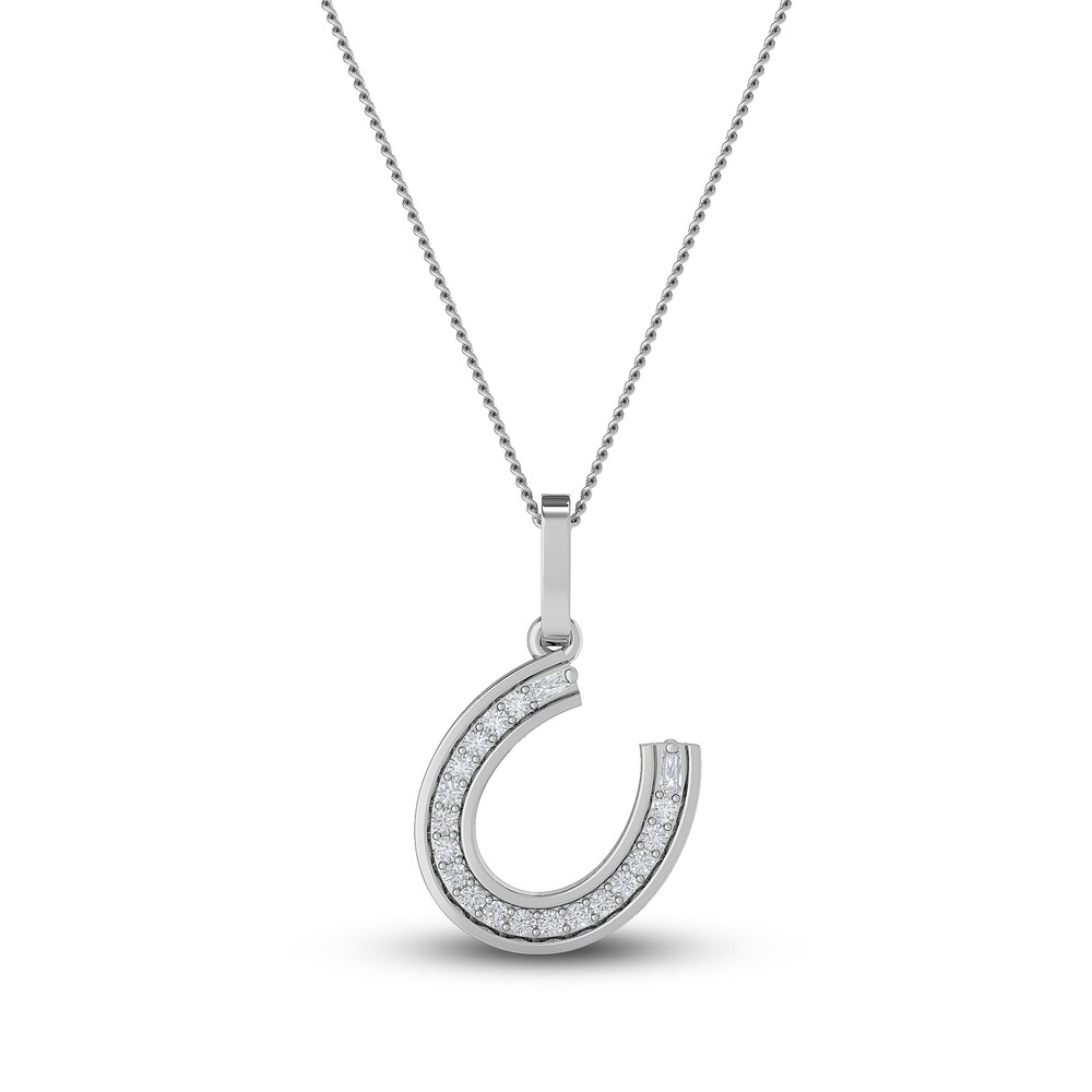 Diamond Horse Shoe Pendant Necklace 1/10 ct tw Round/Baguette 10K White Gold/Rhod 18" J3jpLKAG