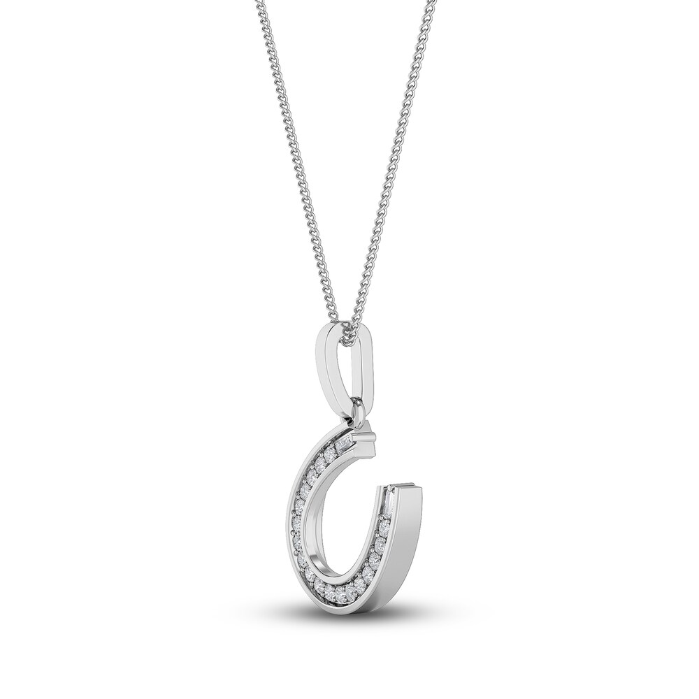 Diamond Horse Shoe Pendant Necklace 1/10 ct tw Round/Baguette 10K White Gold/Rhod 18\" J3jpLKAG