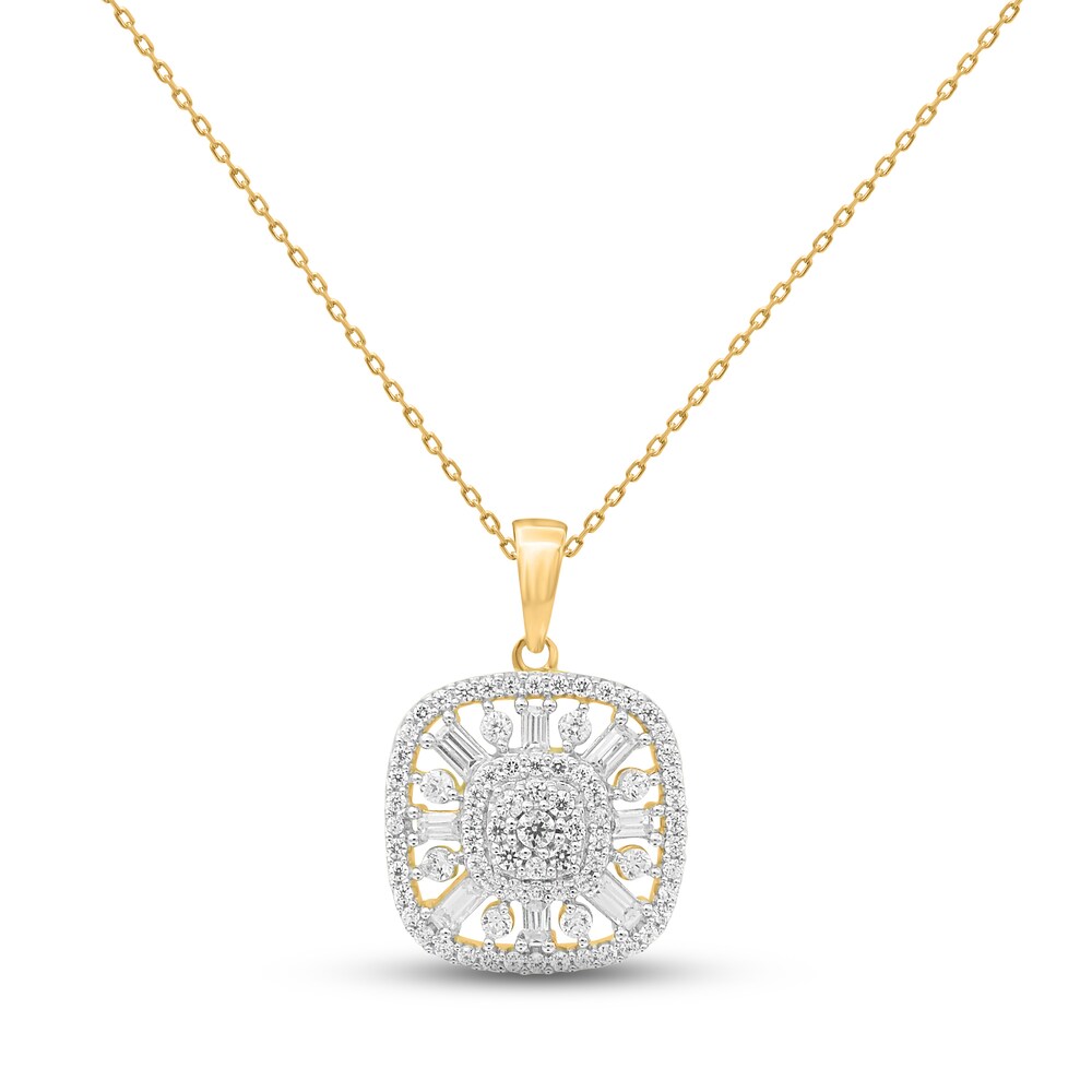 Diamond Cushion Necklace 1/2 ct tw Round/Baguette 14K Yellow Gold 18\" J5dLVOBV