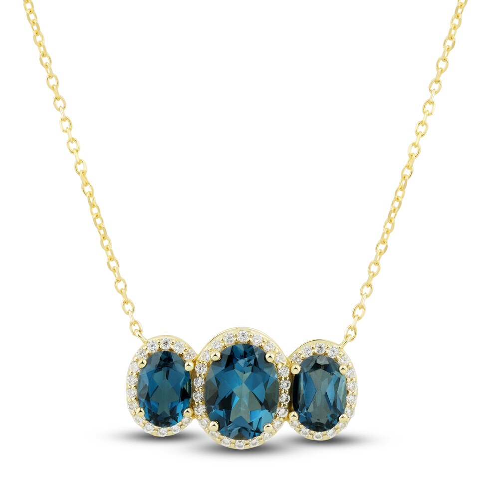 Natural Blue Topaz 3-Stone Necklace 1/4 ct tw Diamonds 10K Yellow Gold L3s7DlGZ