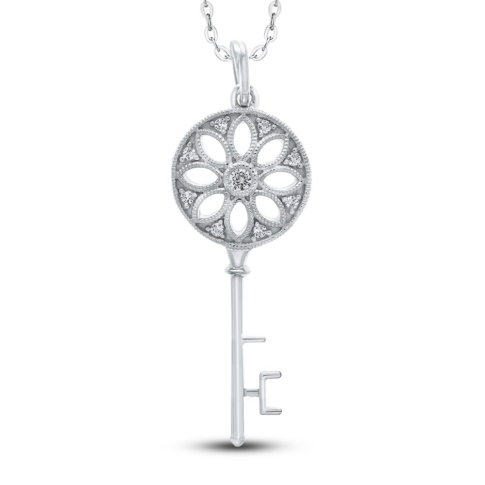 Diamond Floral Key Pendant Necklace 1/10 ct tw Round 14K White Gold 18\" LCMCz7tb