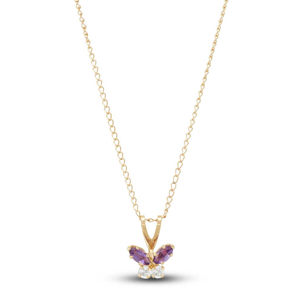 Children's Natural Amethyst & Natural White Topaz Butterfly Necklace 14K Yellow Gold 13" LHmTXqRt