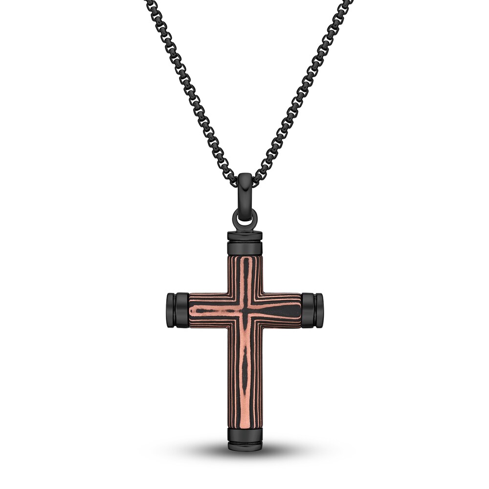 Men's Carbon Fiber Cross Necklace Black Ion-Plated Stainless Steel 24" LKRmXnA9