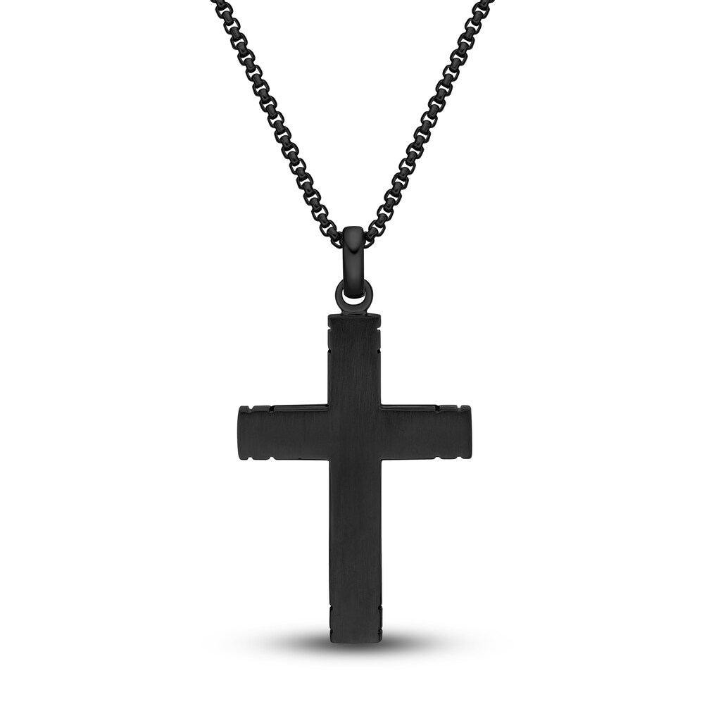 Men\'s Carbon Fiber Cross Necklace Black Ion-Plated Stainless Steel 24\" LKRmXnA9