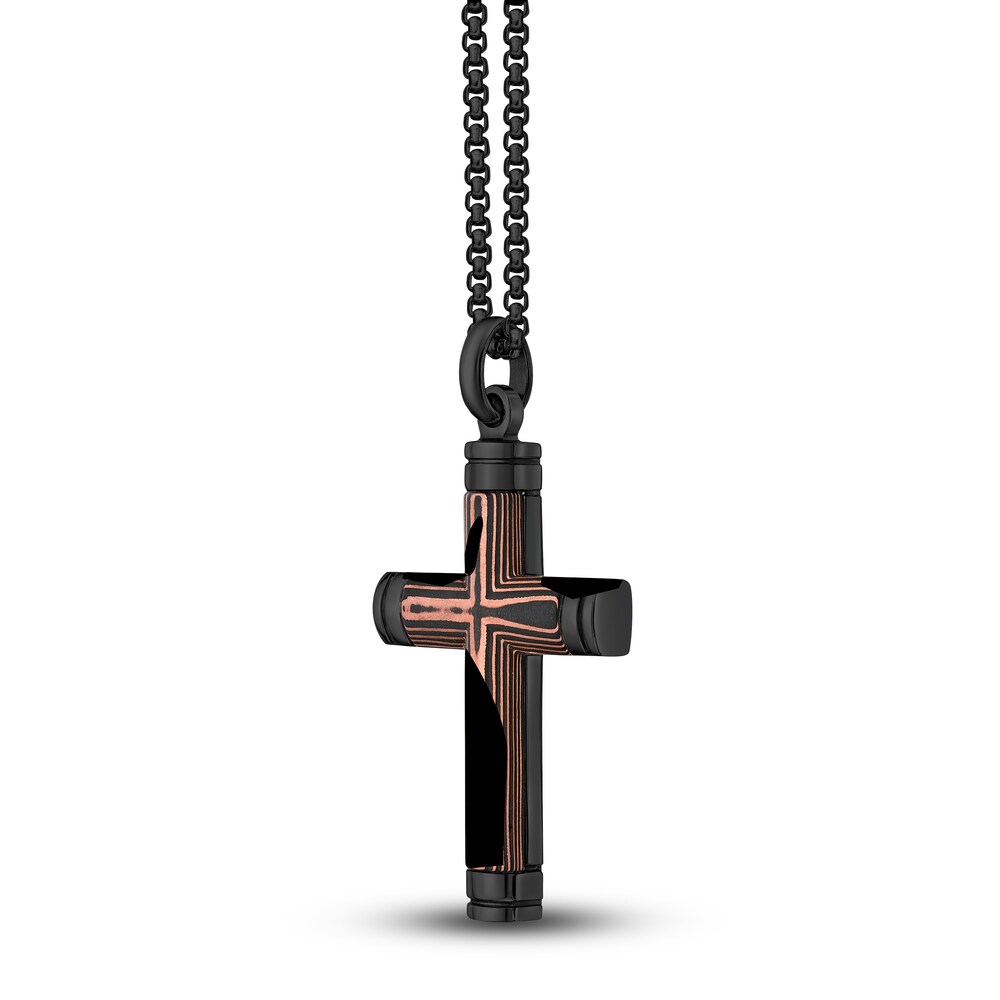 Men\'s Carbon Fiber Cross Necklace Black Ion-Plated Stainless Steel 24\" LKRmXnA9
