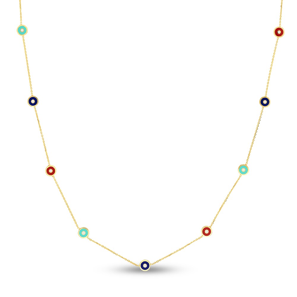 Multi-Colored Enamel Circle Necklace 14K Yellow Gold 18\" M7uqDF51 [M7uqDF51]