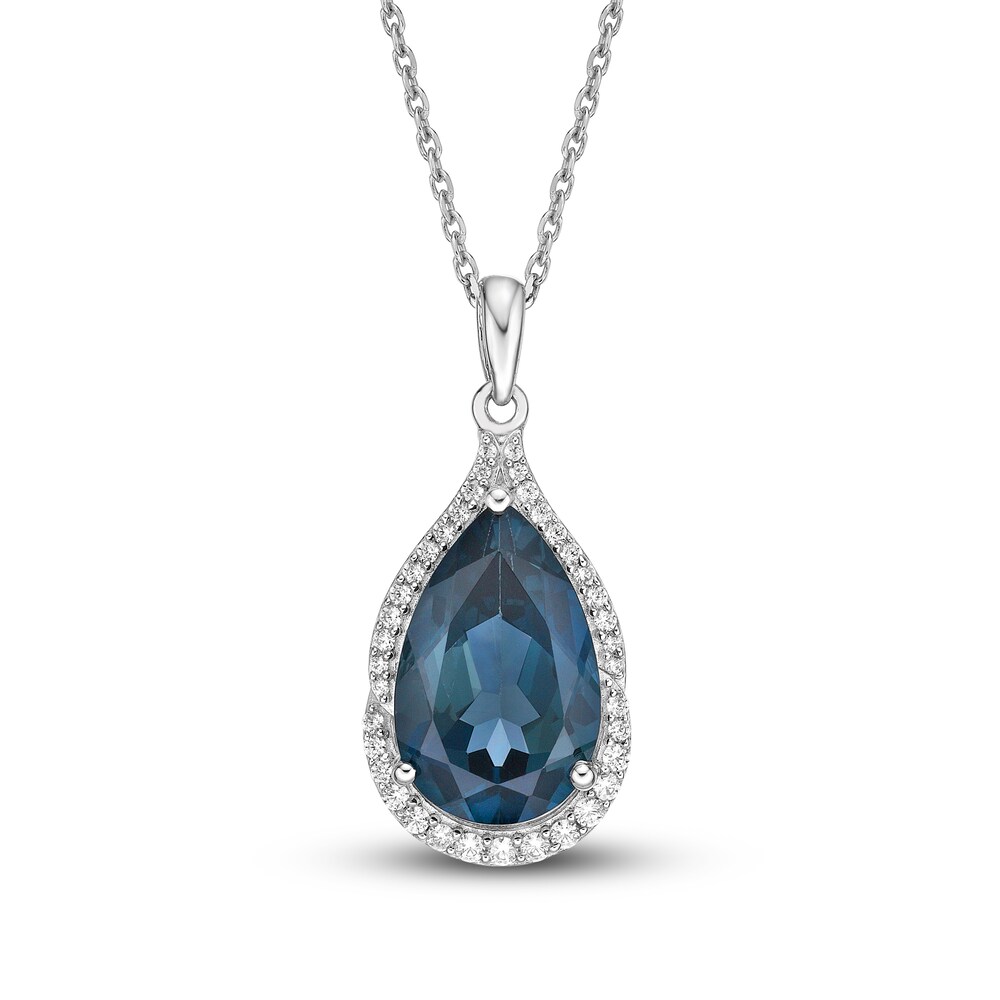 Natural London Blue Topaz Necklace 1/5 ct tw Diamonds 10K White Gold 18\" M8ukJ1fA