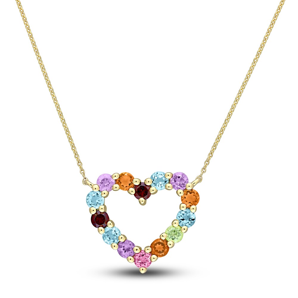 Natural Multi-Gemstone Heart Pendant Necklace 10K Yellow Gold 17" MSSJEpcs