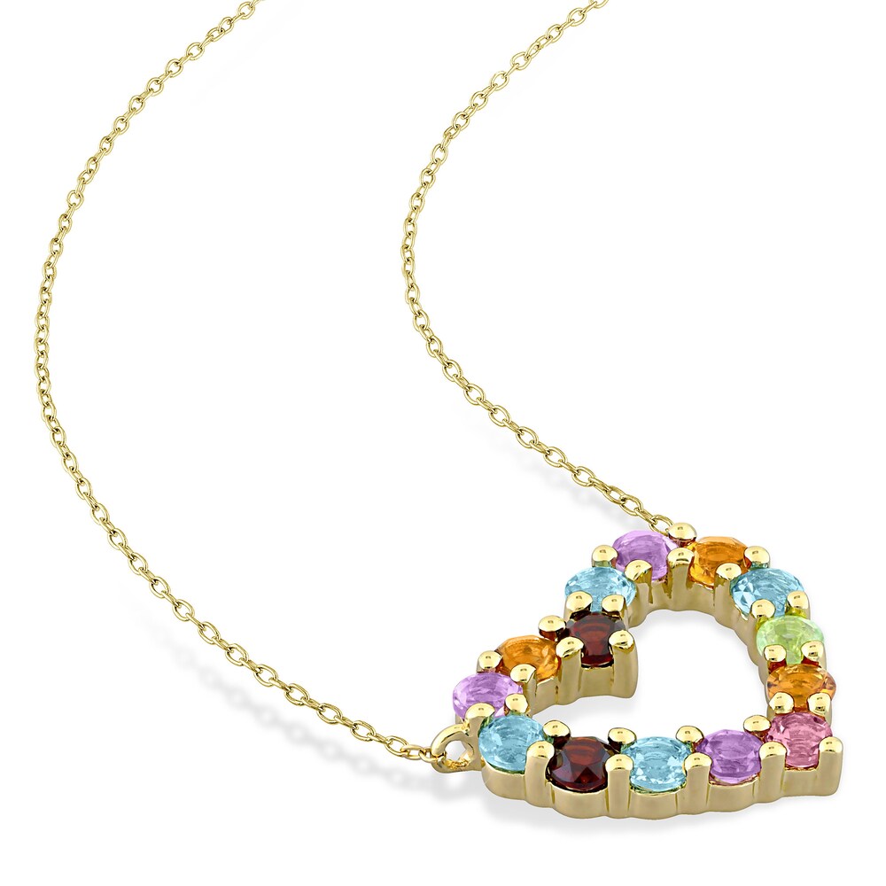 Natural Multi-Gemstone Heart Pendant Necklace 10K Yellow Gold 17\" MSSJEpcs