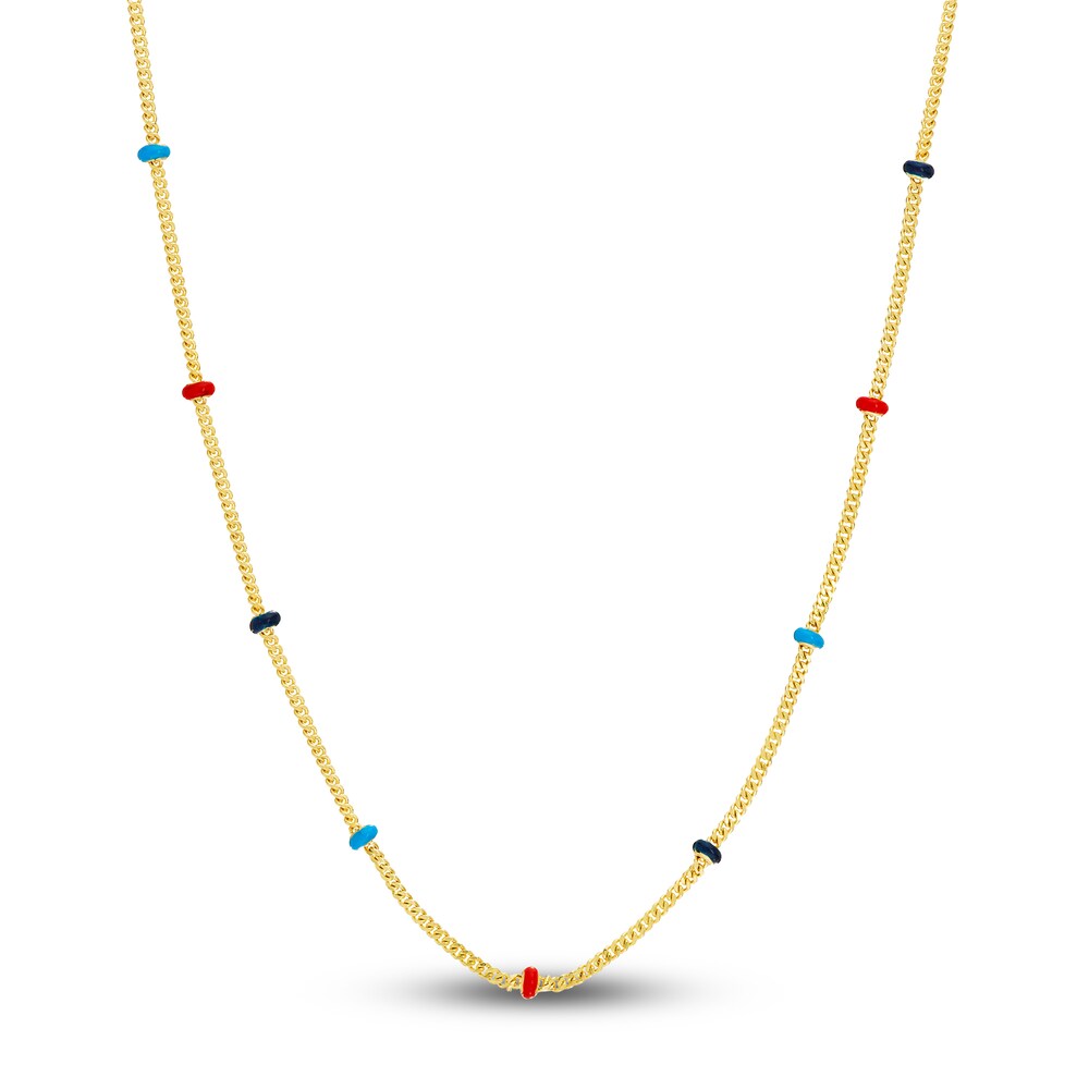 Station Necklace Red/Black /Navy Blue Enamel 14K Yellow Gold 18\" N8oAB0pK