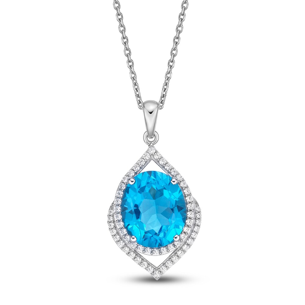 Natural Swiss Blue Topaz Necklace 1/3 ct tw Diamonds 10K White Gold 18" Q7f81wqS
