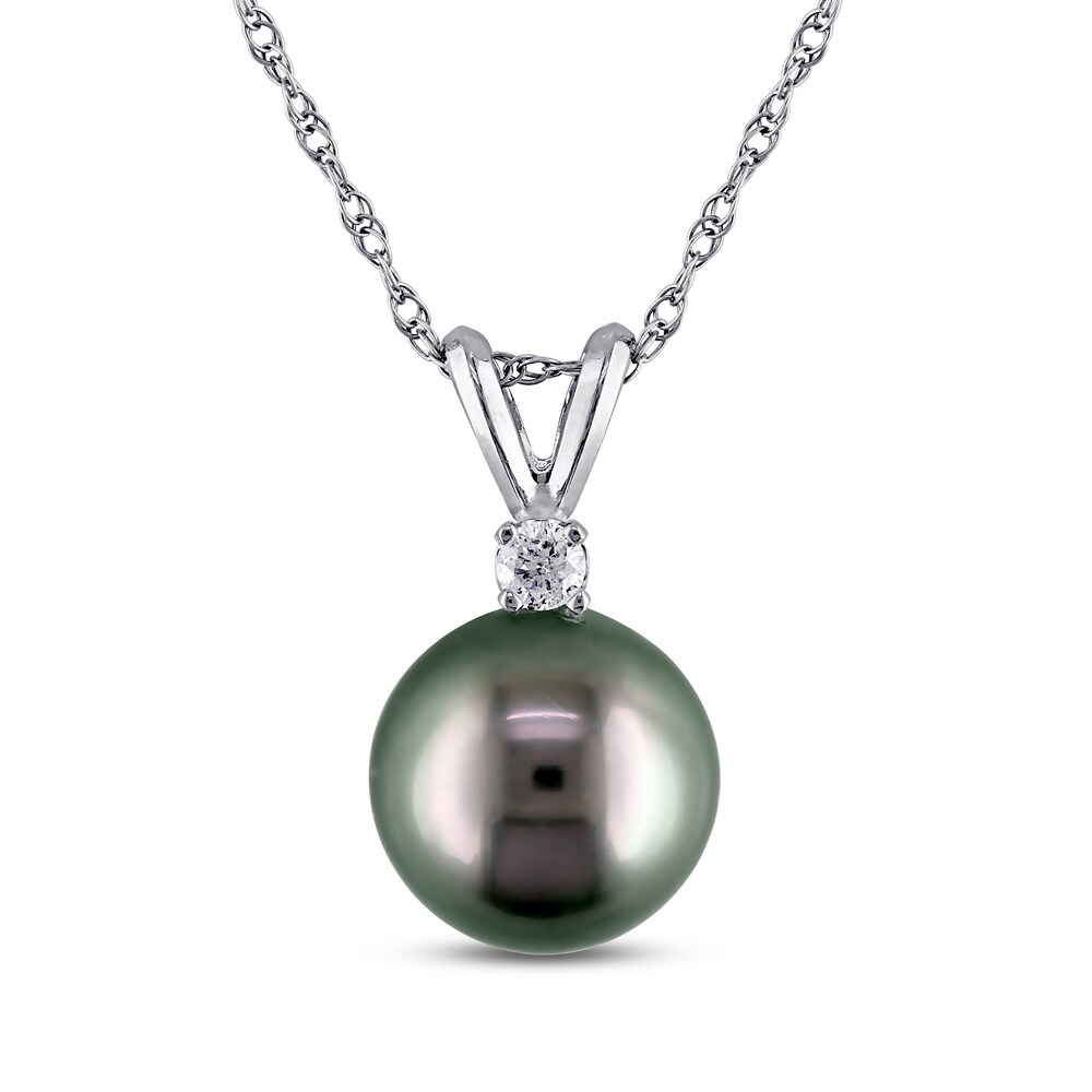Tahitian Cultured Pearl Necklace 1/20 ct tw Diamond 14K White Gold QO57d06C