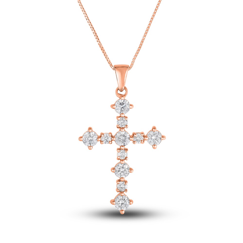Diamond Cross Pendant Necklace 1 ct tw Round 14K Rose Gold 18\" QSYmBz0X