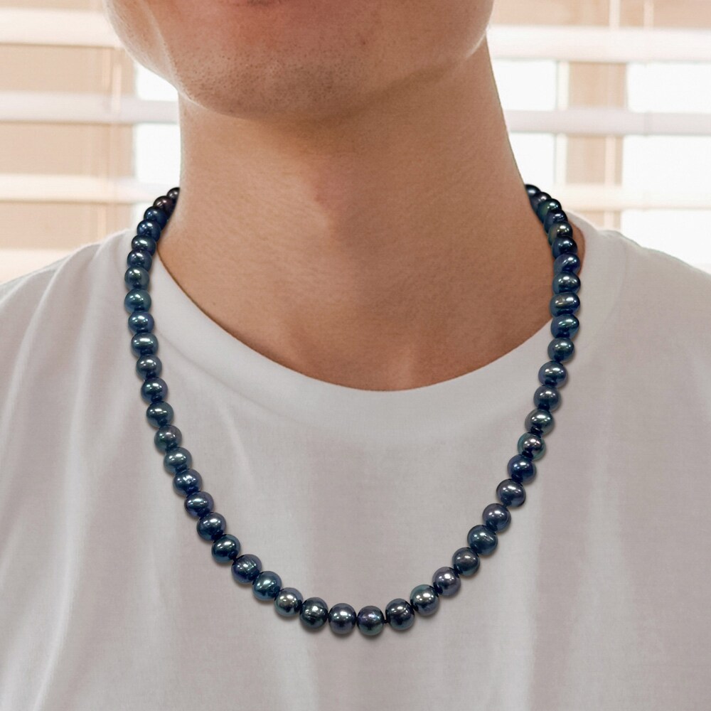 Men\'s Black Cultured Freshwater Necklace Bracelet Sterling Silver 9\" RUkwNmUP