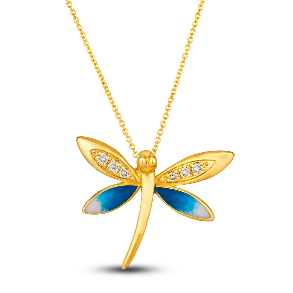 Le Vian Diamond Dragonfly Pendant Necklace 1/8 ct tw Round Blue Enamel 14K Honey Gold 19" Rj5gJCGg