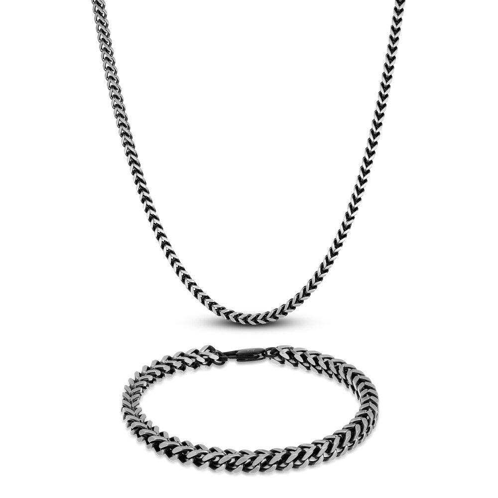 Men's Foxtail Chain Necklace/Bracelet Set Black Ion-Plated Stainless Steel Sx7GHFE9