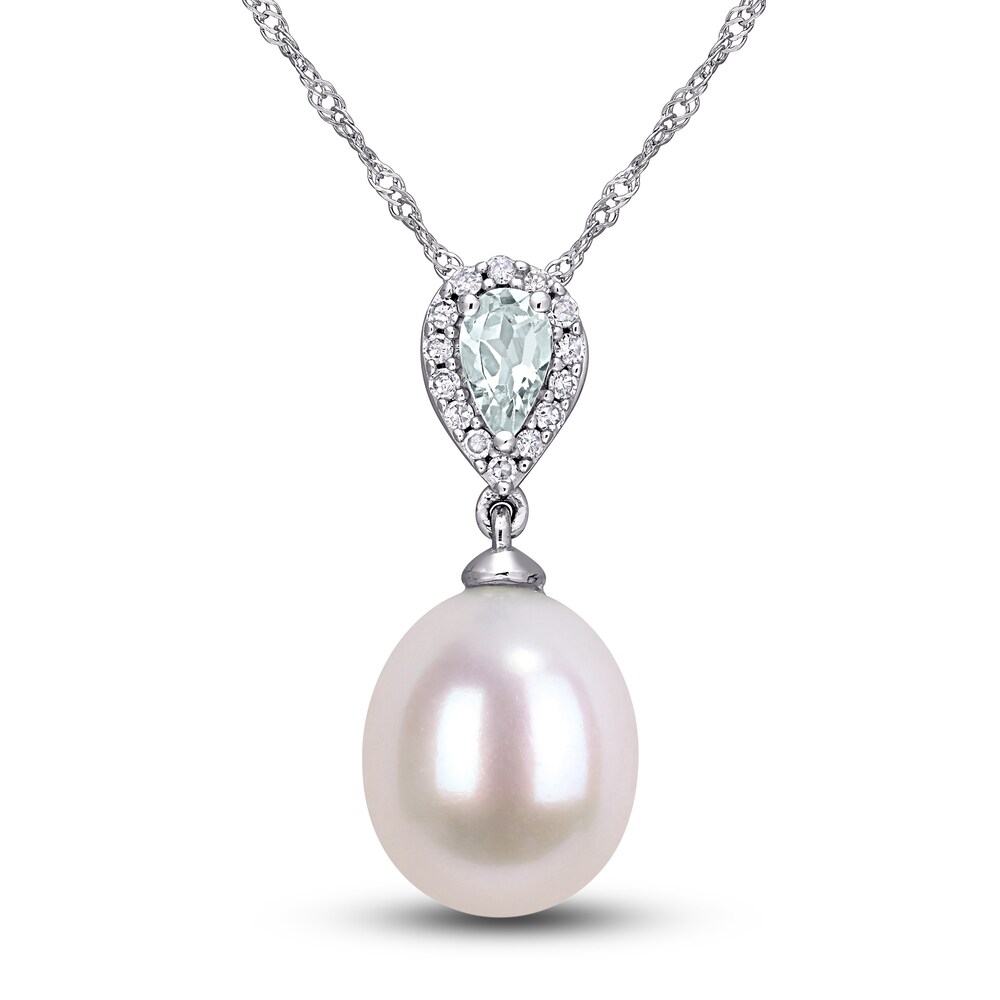 Cultured Freshwater Pearl & Natural Aquamarine Necklace 1/15 ct tw Diamonds 10K White Gold UFp2yMaJ