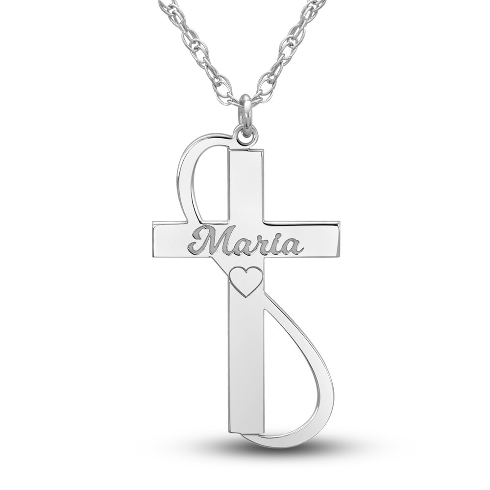 Engravable Cross Pendant Necklace 24K White Gold-Plated Sterling Silver 28mm 18\" Adj. VtBgH8x1