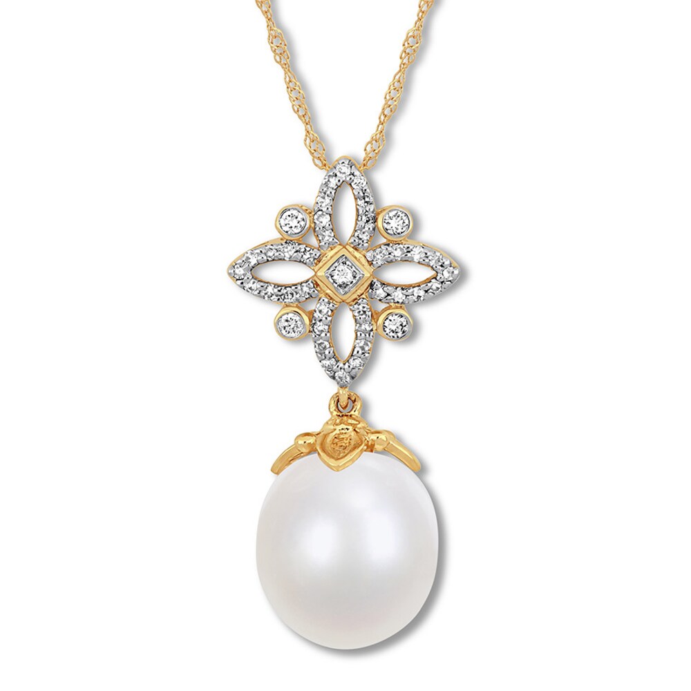 Cultured Pearl Necklace 1/4 ct tw Diamonds 14K Yellow Gold WOMOHOdo